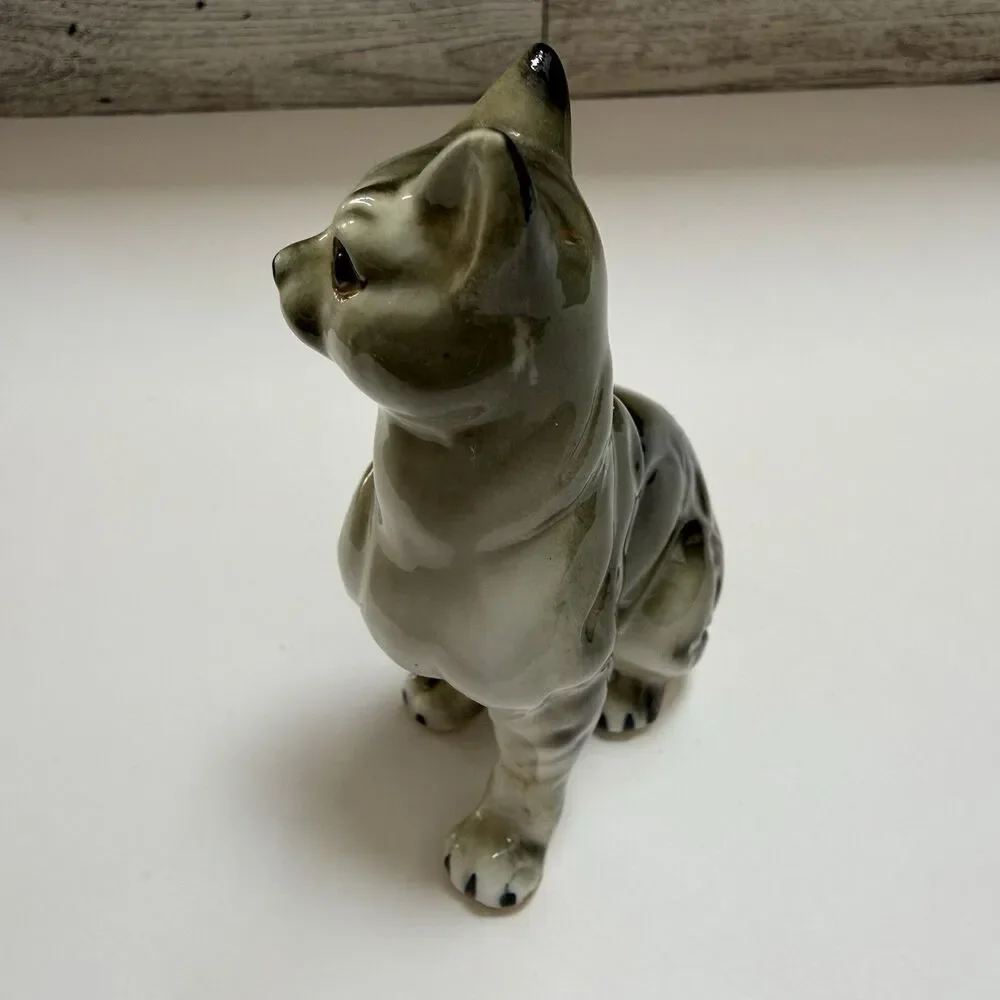 Vintage Bone China Gray Tabby Cat Kitty Figurine MCM